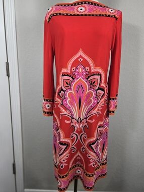 London Times Red Pink Floral Paisley Shift Dress Size 10 Boho Mini 3/4 Sleeve